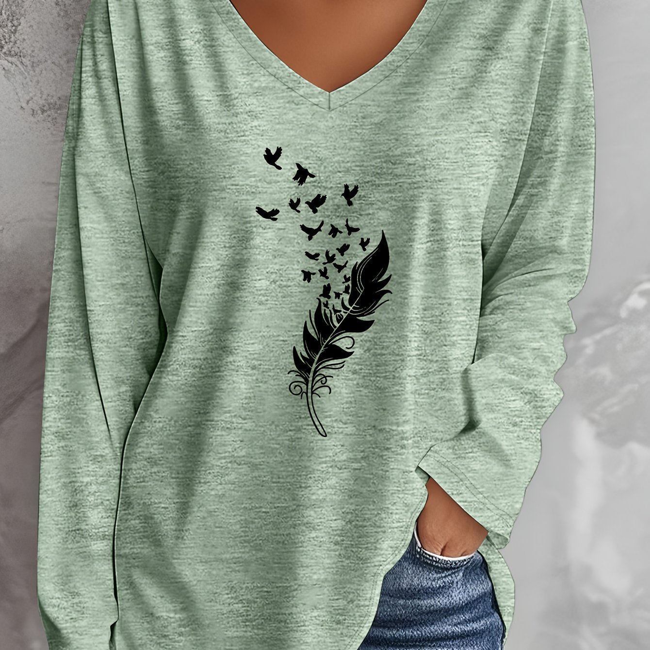 TEMU Plus Size, /summer Size Women's Casual Long Sleeve V-neck T-shirt With Falling Print, Rayon/spandex Blend - Soft, , Machine Washable, Loose Fit