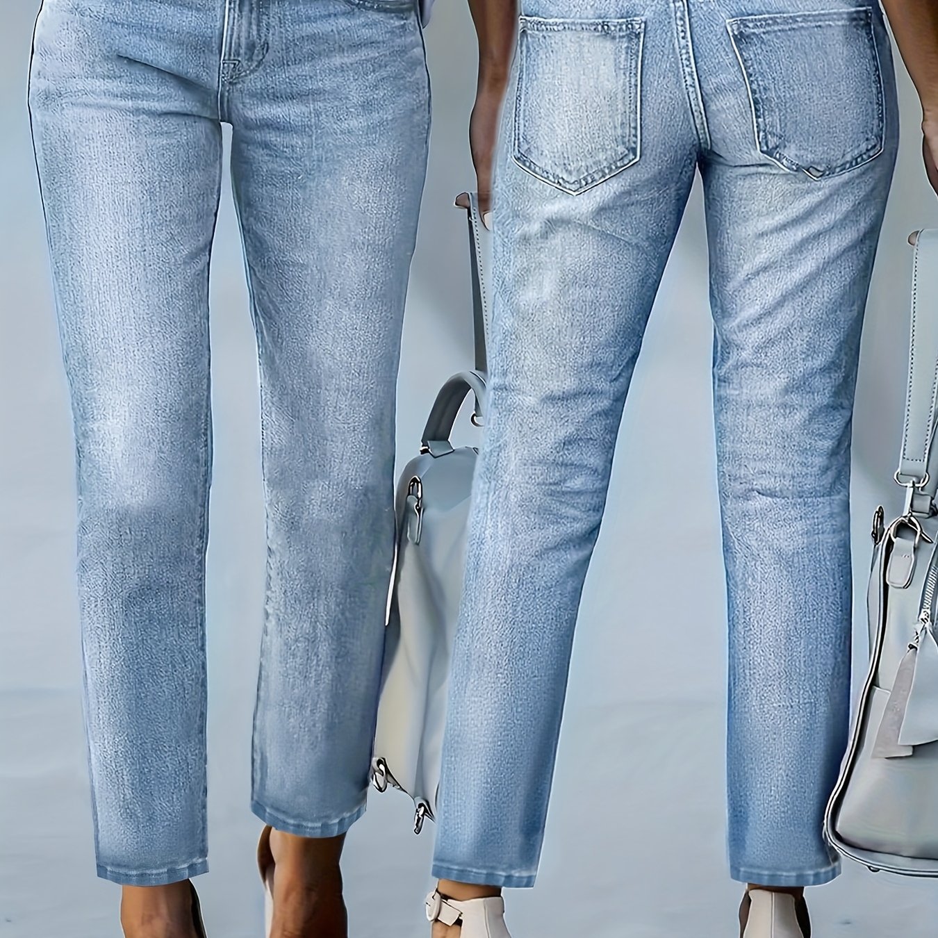 Image of Straight-leg Jeans For Women, Washed Blue Capri Jeans, Denim Pants With Pockets, Street Style Women's Clothing, Comfortable And Fitted Pants, Casual Pants Suitable For Travel, Work, And Office Wear