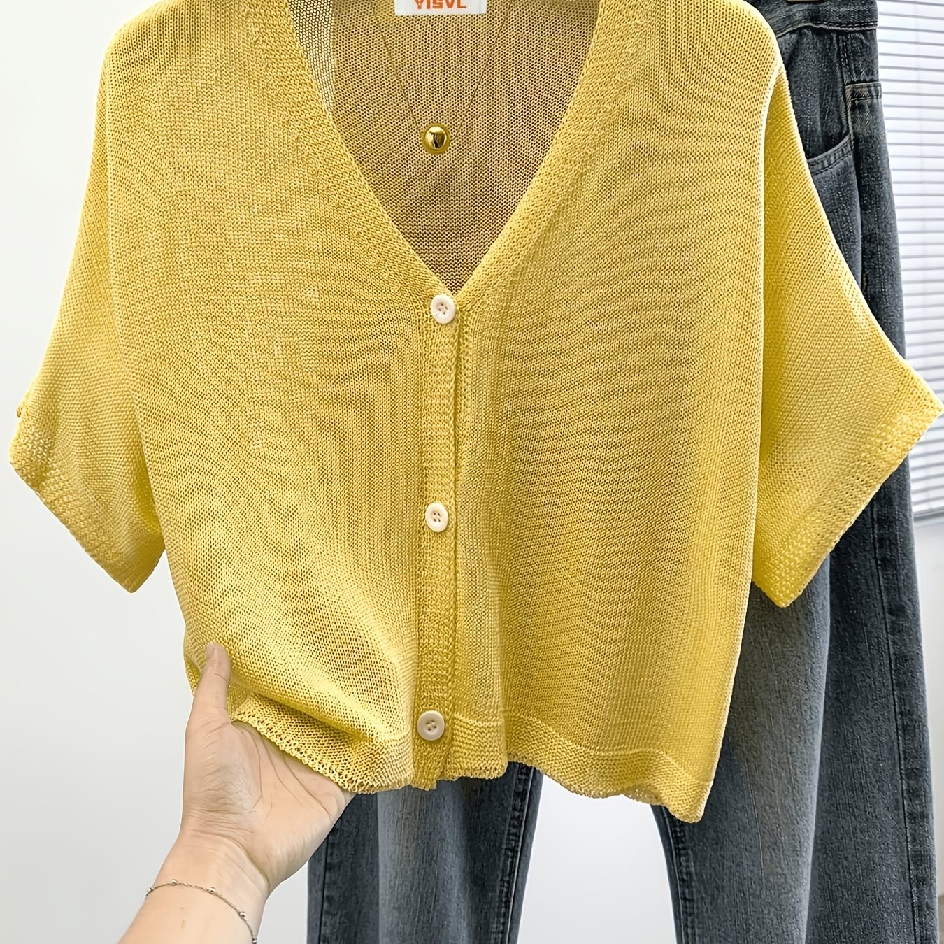 TEMU V-neck Loose Casual Short-sleeve Cardigan Outerwear, Summer Lightweight Knitwear, Fashionable Simple Versatile Women's Cover-up