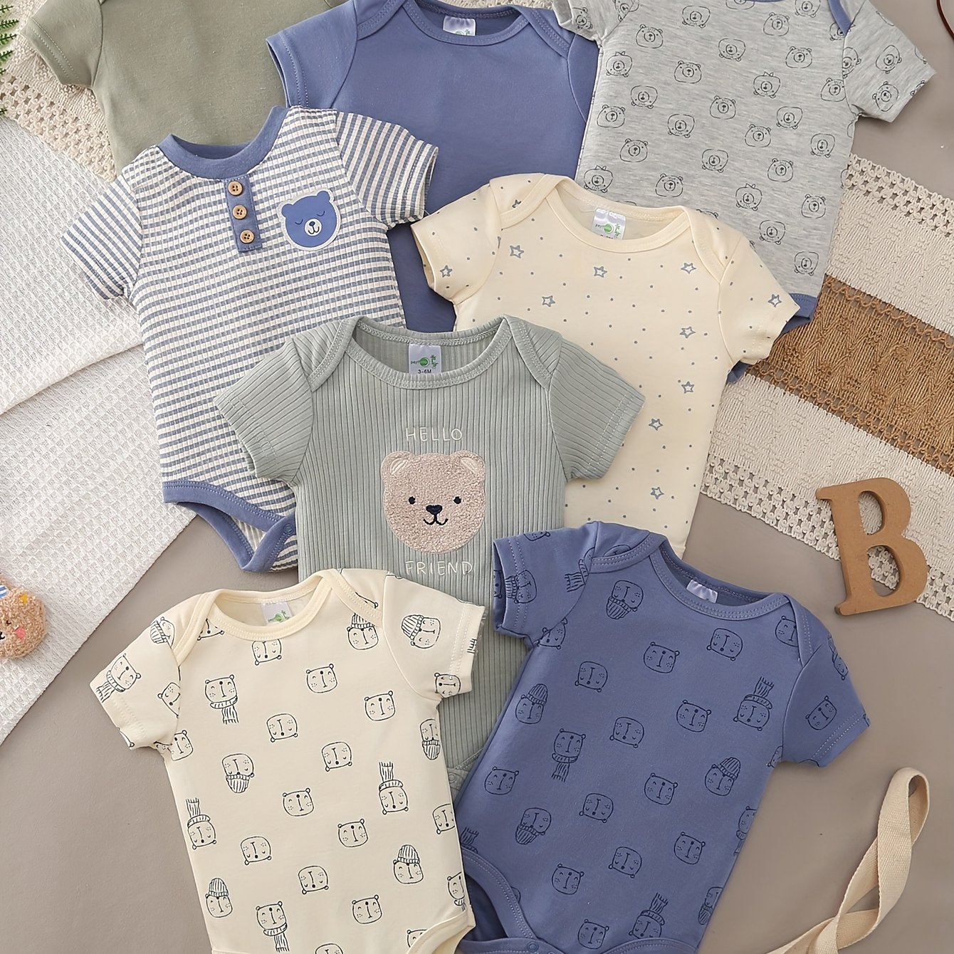 Image of 8-piece Set Boys' Cartoon Comfortable Soft Short-sleeve Summer Outfit, 8-piece Set Baby Romper & Home & Outdoor Clothing, Perfect For Outdoor