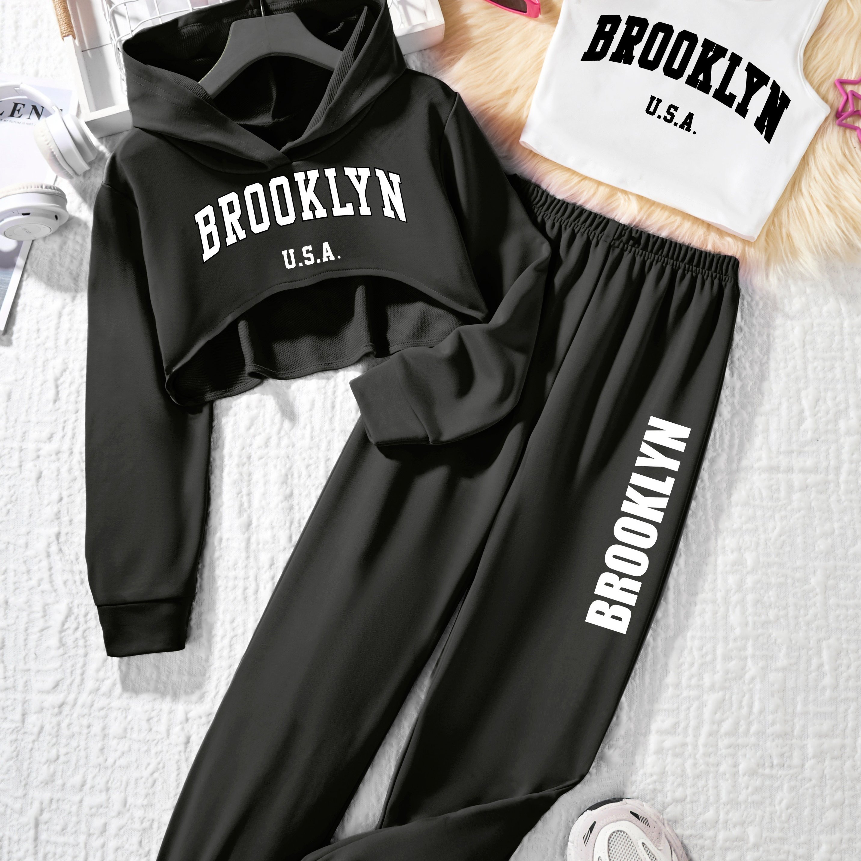 Image of P4022(g18) Brooklyn Girls' 3pcs Set: Short Hooded Top + Vest + Pants, Perfect For Outdoor