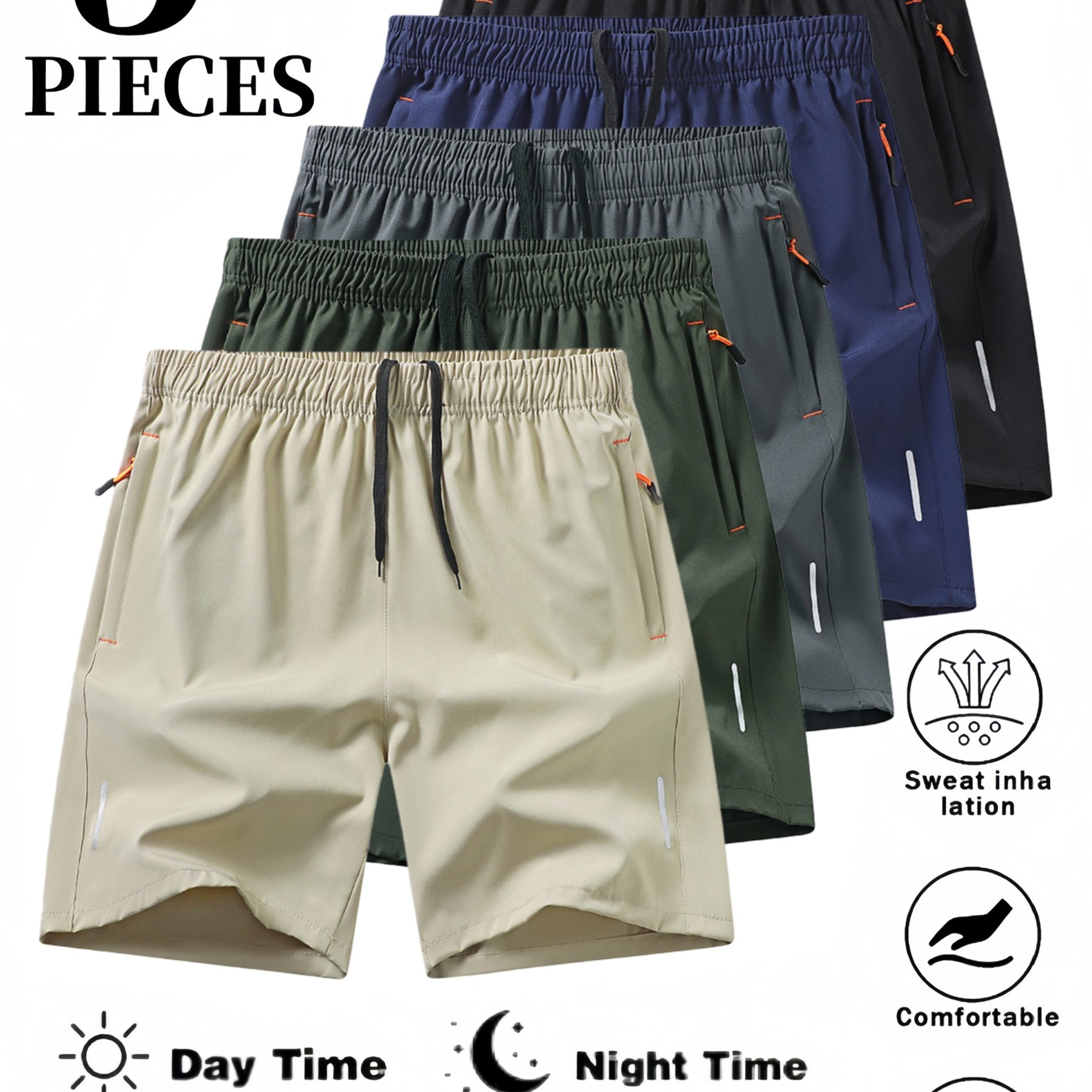TEMU 5-pc Men's Summer Outdoor Hiking Sports Shorts, Men's Running Shorts, Quick-dry Fabric, Moisture-wicking And Breathable, With Zippered Pockets