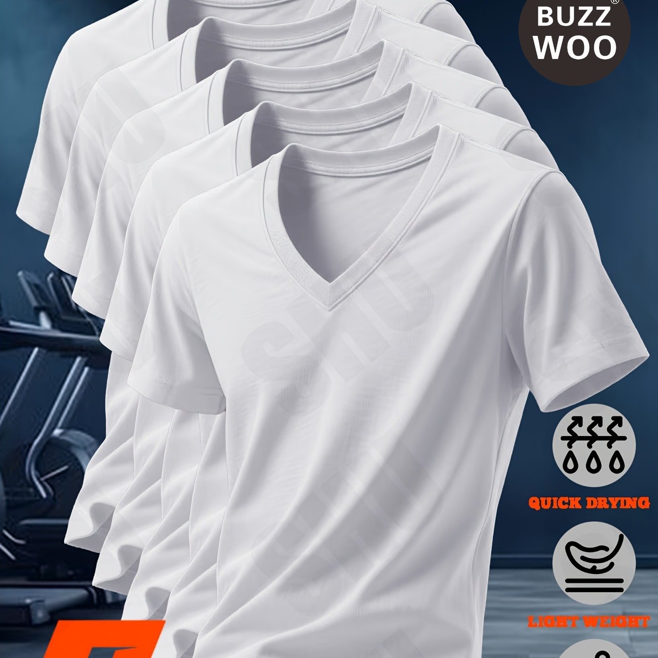 TEMU 5-pc | Men's Polyester Quick-dry V-neck T-shirt - In Black And White. This Elastic And Comfortable Short-sleeve Top Is A Basic Solid-colored