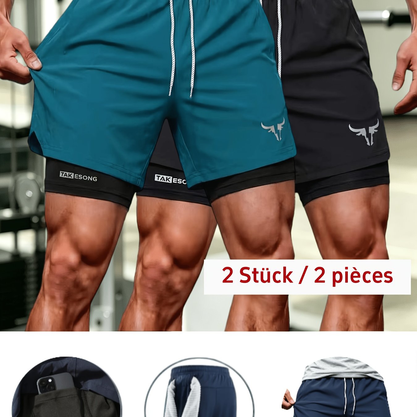 Great V 2pcs! Men's Summer Quick-dry Athletic Shorts, 2-in-1 Liner Anti-friction Leg Gym Pants, Plus Size Loose Breathable Training Shorts, Outdoor Running Cycling Sports