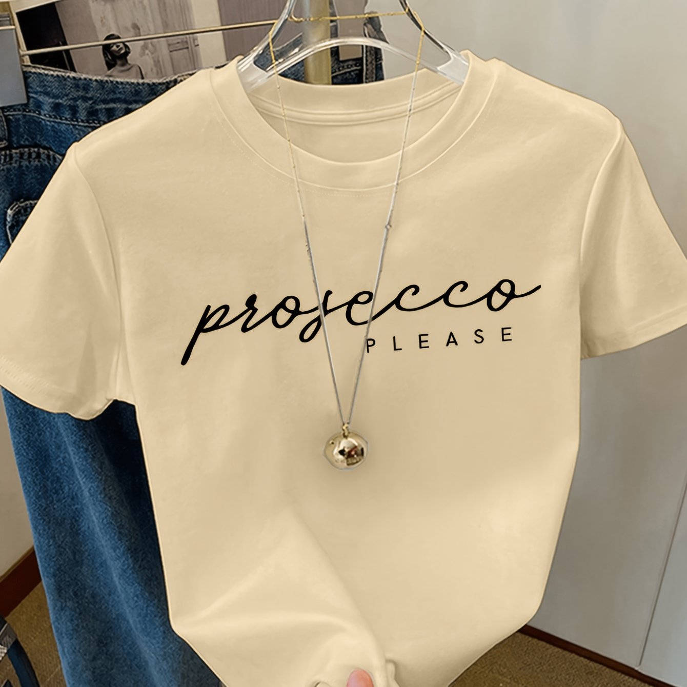 TEMU A Short-sleeved Round-neck T-shirt With A Minimalist Handwritten Letter Print That 'prosecco Please' For Prosecco