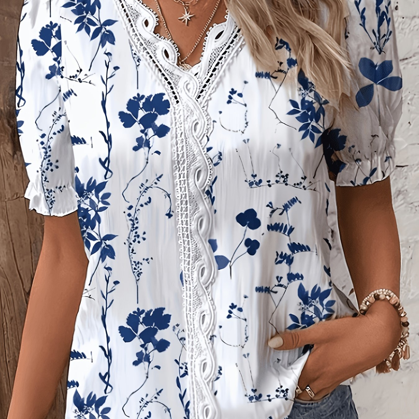TEMU Women's Elegant V-neck Lace Printed Short Sleeve Blouse, Fiber Lightweight Fabric, Suitable For Summer Fashion Shirt Top Accessory
