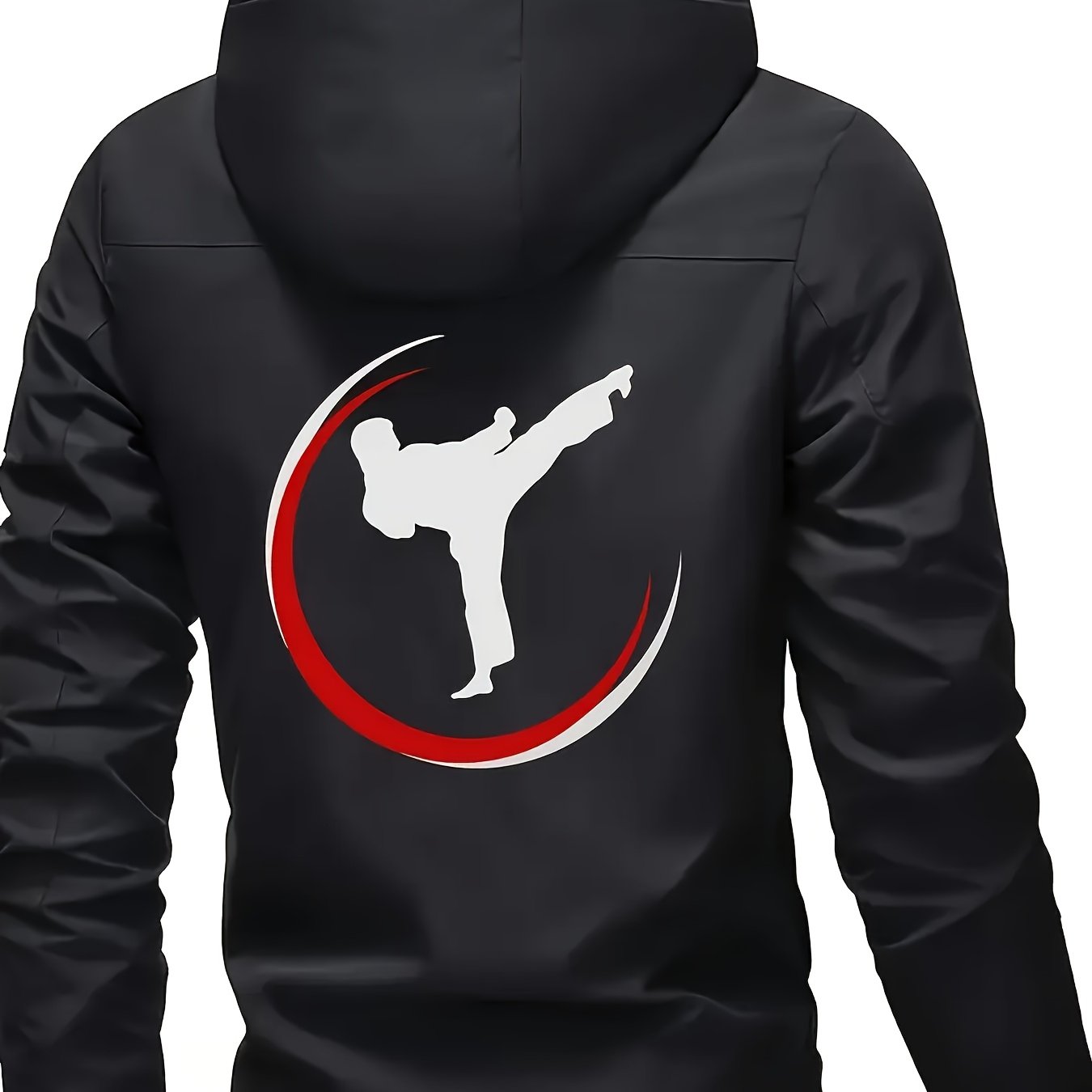 TEMU Men's Lightweight Martial Arts Jacket - Full Zip Hooded Windbreaker With A Long Zipper Closure, Featuring White/black/red Chinese Fu Prints And