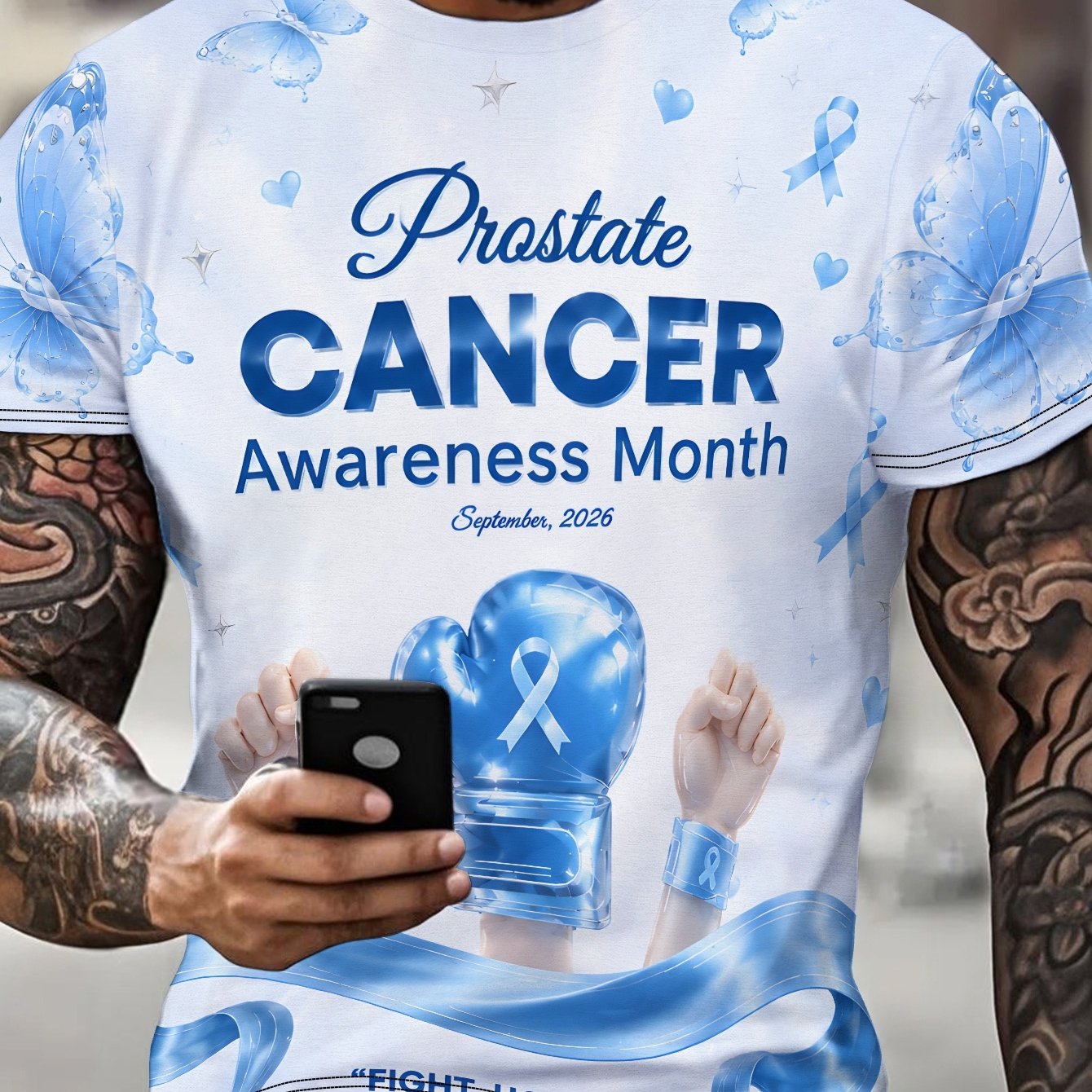 TEMU Teediy Prostate Cancer Blue Awareness Men's Casual Graphic Print Short Sleeve T-shirt, Round Neck, Comfortable & Breathable, Fashionable For