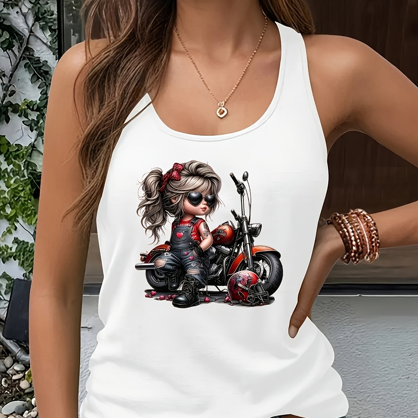 TEMU Women's Biker And Print Racerback Tank Top, Soft Breathable Casual Vacation Summer Top