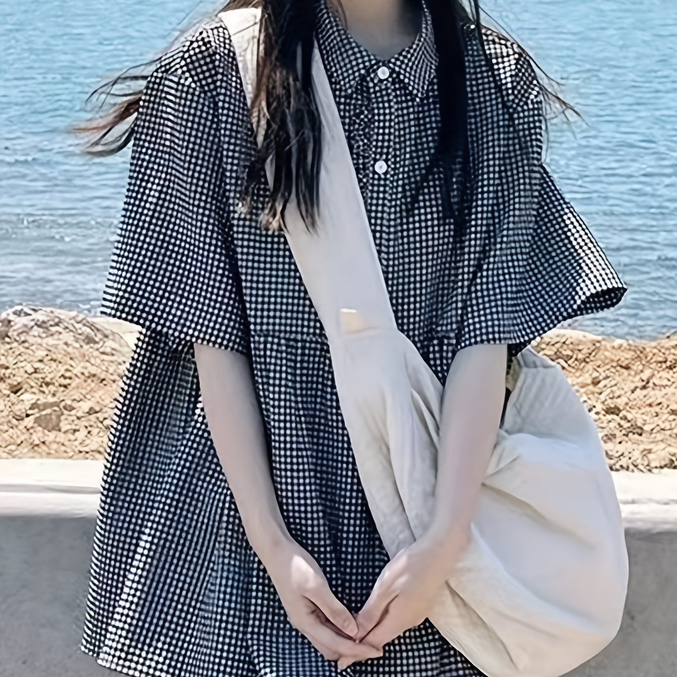 TEMU 여성용 일본 빈티지 체크무늬 반팔 셔츠, 여름 니치 루즈핏 블라우스, 고급 인형 스타일 상의