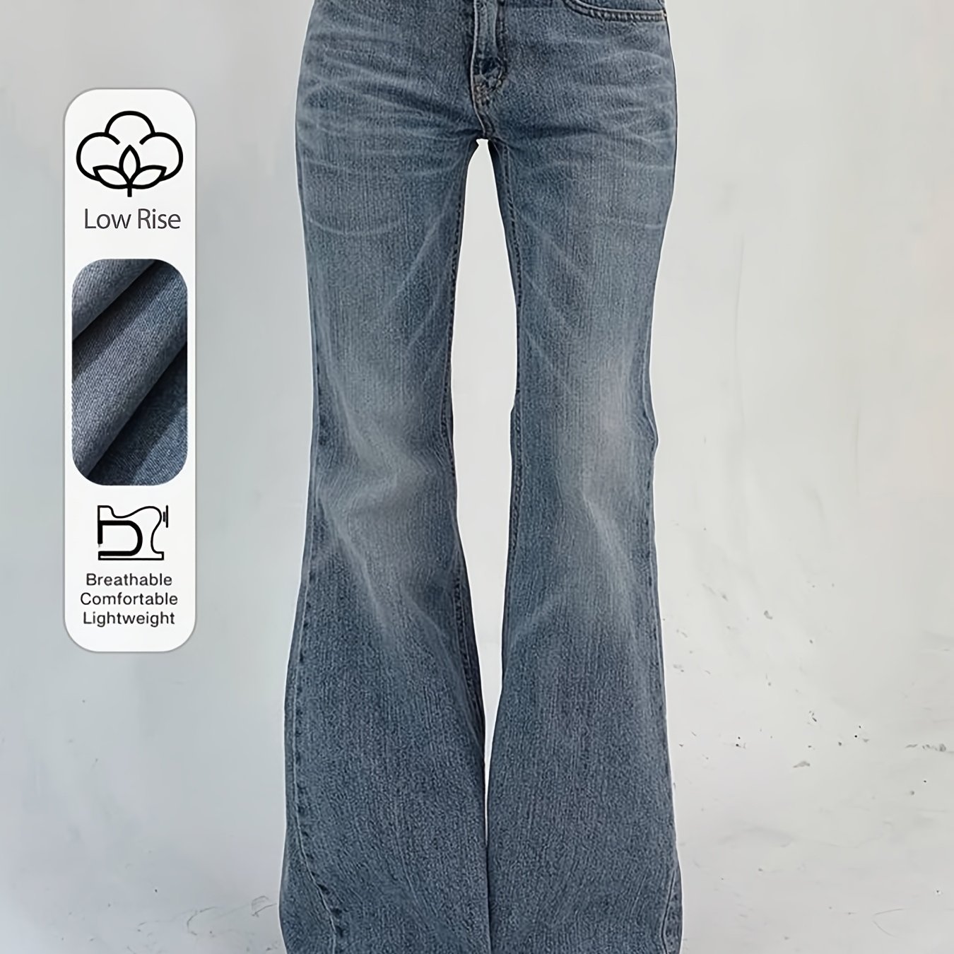 Image of Women's Stretch Low-rise Distressed Jeans - Washed Blue-grey Flared Pants With Pockets. Versatile For , Combining . Perfect For Travel And Work.