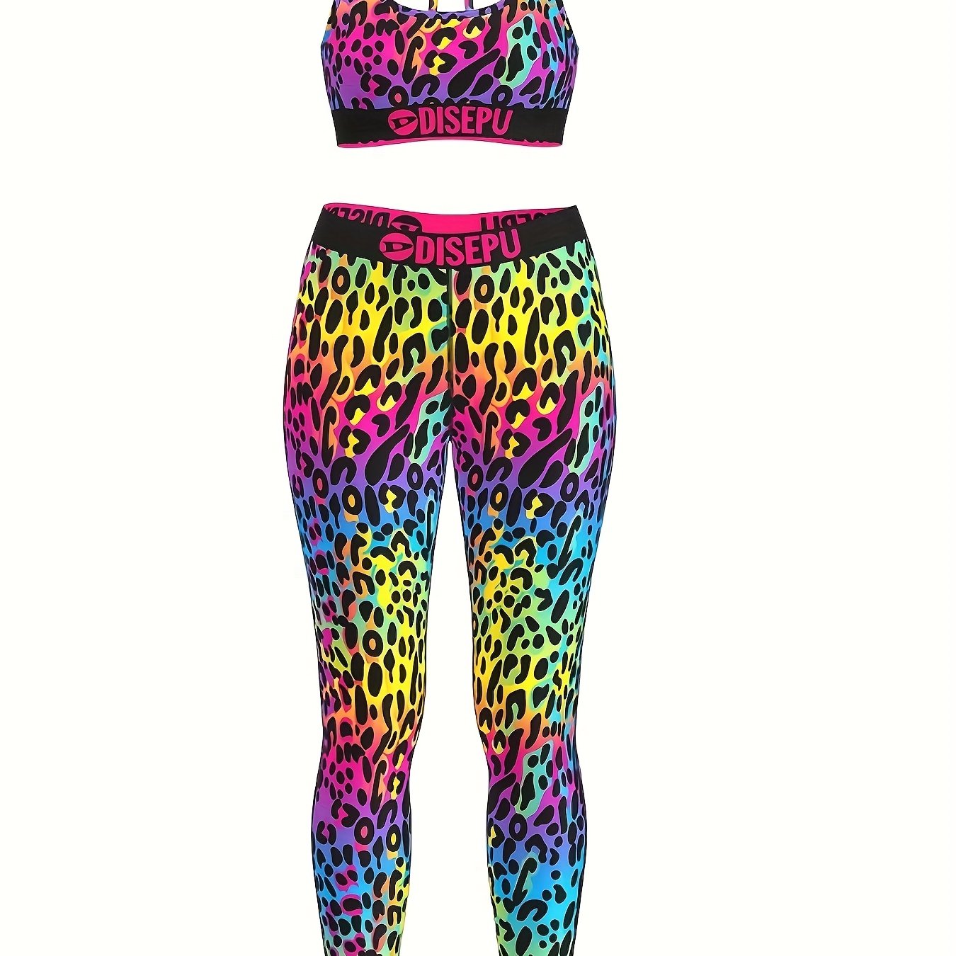 TEMU Women's Fashionable High-stretch Breathable Comfortable Sports Bra And Pants Set With Colorful Leopard Print, Polka Dot, And Other Pattern