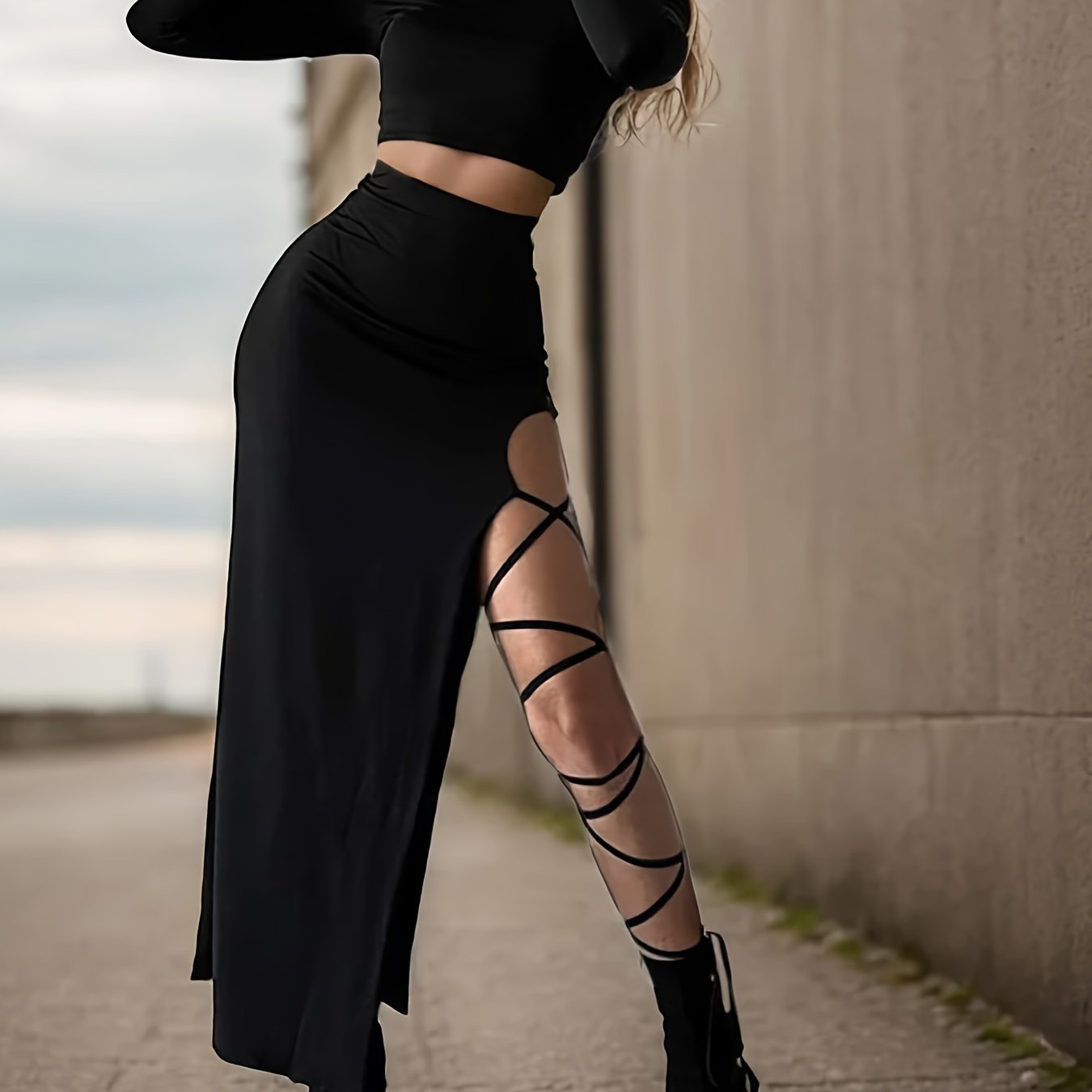 TEMU Women Sexy Long Sleeve Crop Top And Split Lace Up Long Skirt 2pcs Set