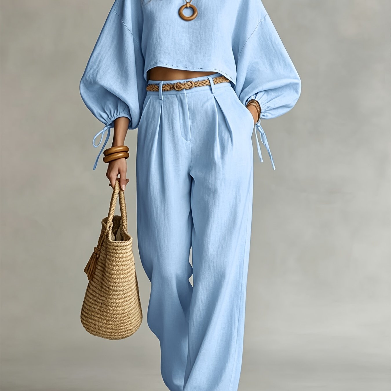 TEMU 2026 New 2pcs Set/coordinated Short Top And Wide-leg Pants Casual Set/matching Outfit Vacation Wear/ Clothing Short Top Wide-leg Pants Set Puff