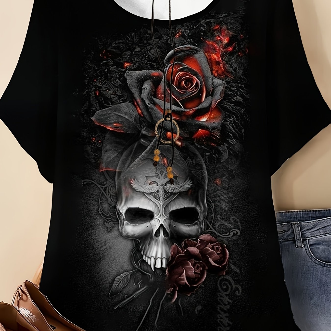 TEMU Plus Size - Plus Size - Ladies' Casual Travel Round Neck Short Sleeve T-shirt With A Skull Rose Print - Made From Breathable Stretchy Fabric,