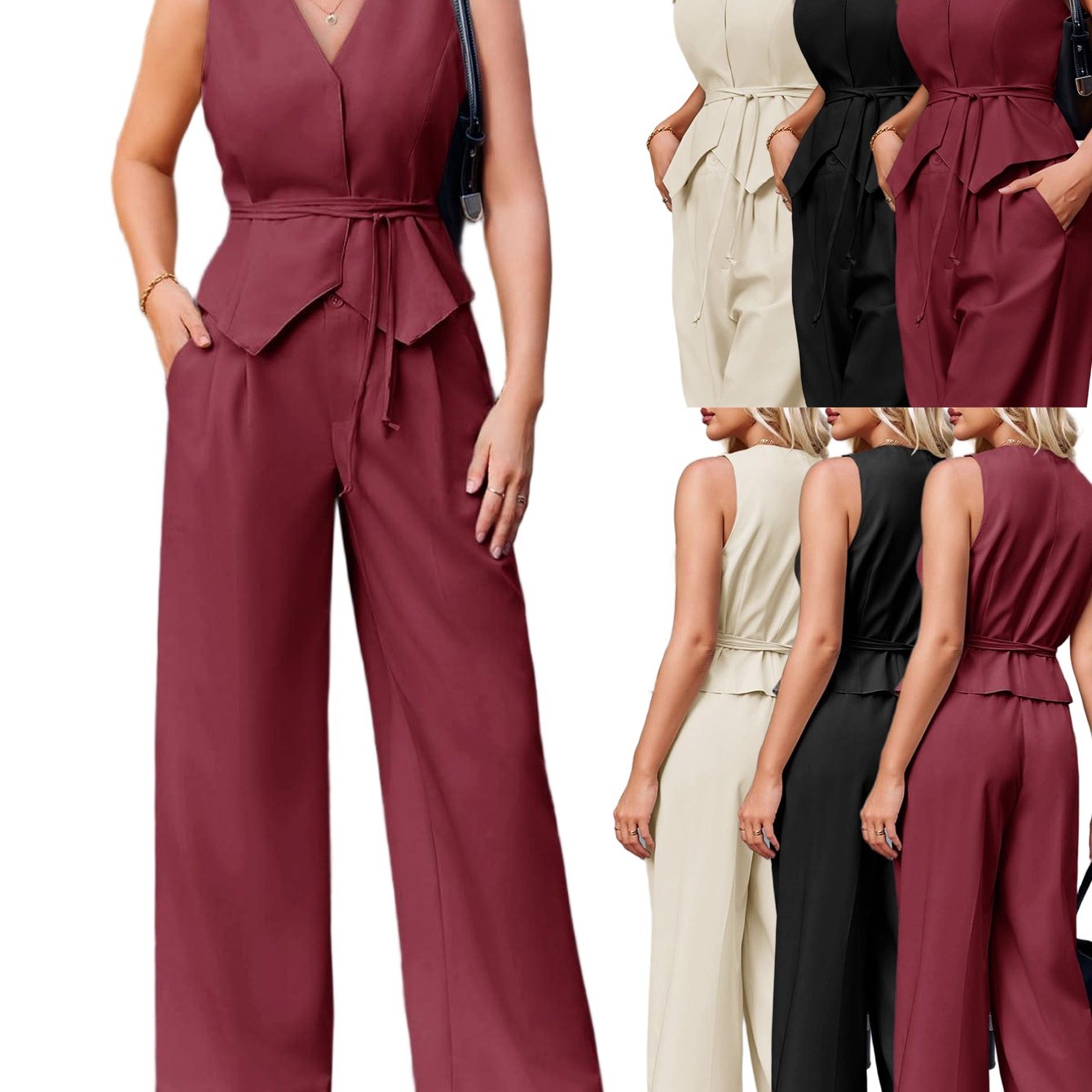 Image of Women's 2pcs Blazer Suit: Sleeveless Tie-waist Vest & Wide-leg Pants - Business Casual Blazer Sets Suitable For , Machine Washable Matching Outfits For Office, Weddings, And Professional Events