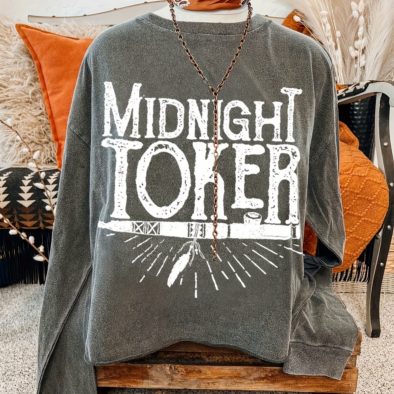 TEMU Sweatshirt Midnighi à Col Rond, Sweatshirt Décontracté pour Automne & Printemps, Vêtements pour Femmes