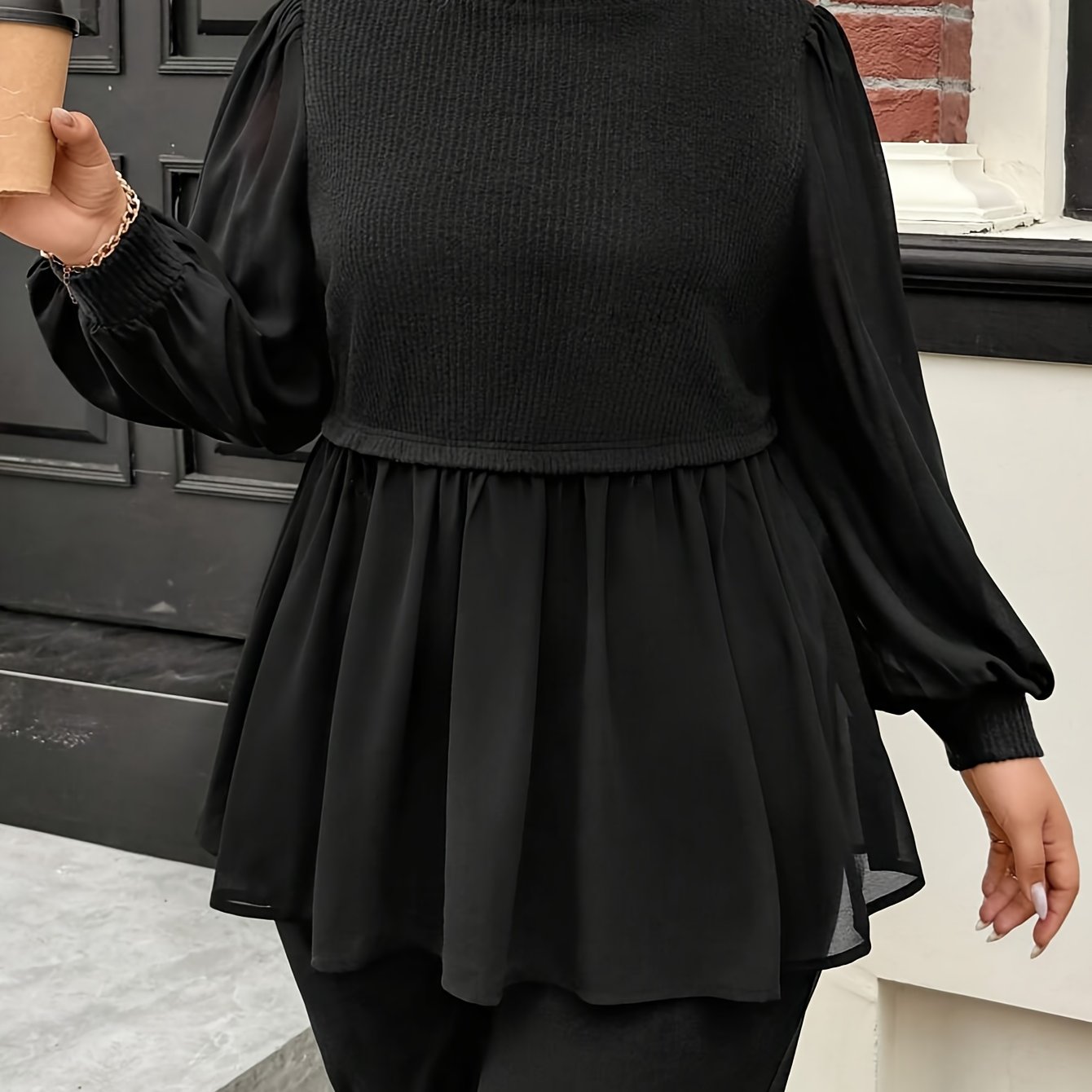 Plus Size, Plus Size Women's Black Long Sleeve Turn- Collar Shirt Top