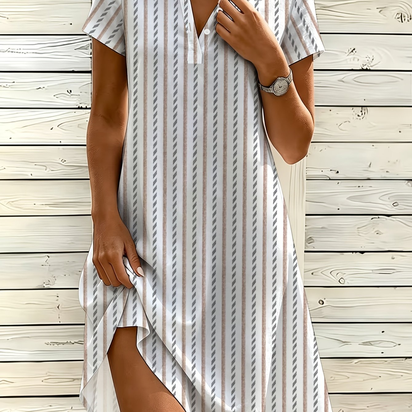 Image of Plus Size, Women's Fashion Shirt Dress, V-neck Button Dress, Striped Print