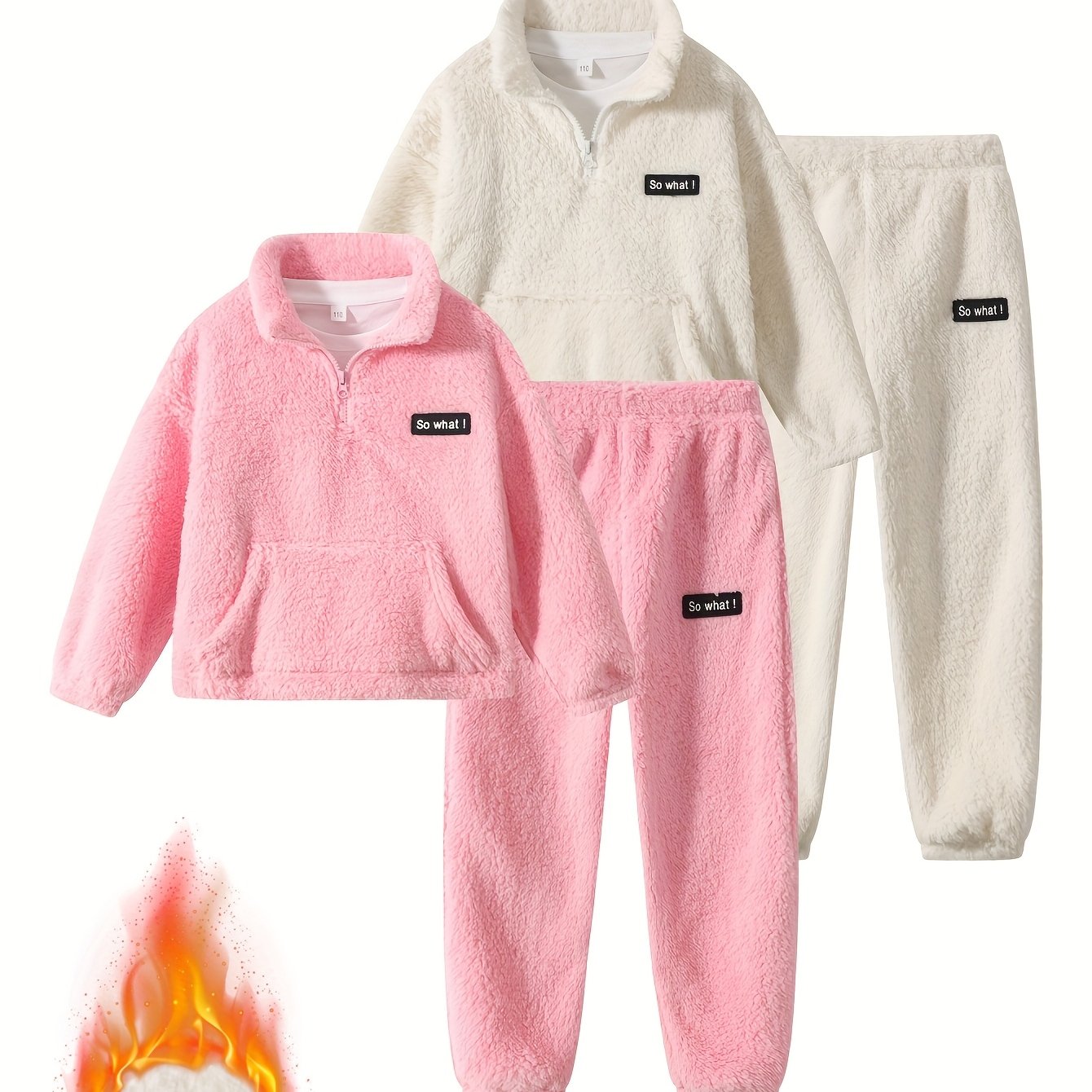 TEMU 4pcs Autumn/winter Girls' Thermal Set Solid-colour Top With Letter Pockets And Zip Design Long-sleeved Top With Versatile Trousers Halloween