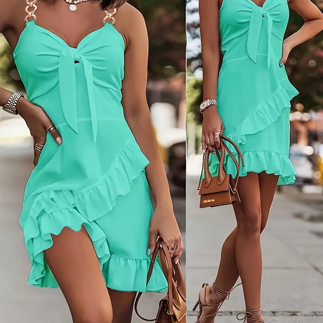 Women's Frilly Metal Chain Strap Tie-front Slim Dress