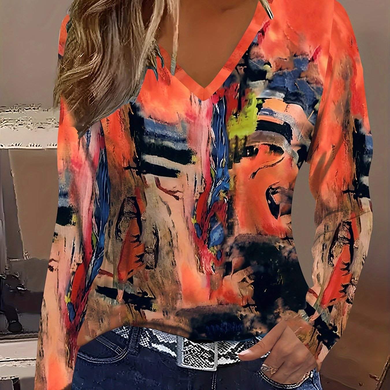 TEMU Elegant Abstract Art V-neck Long Sleeve T-shirt For Women - Casual & Sporty, Fall/winter