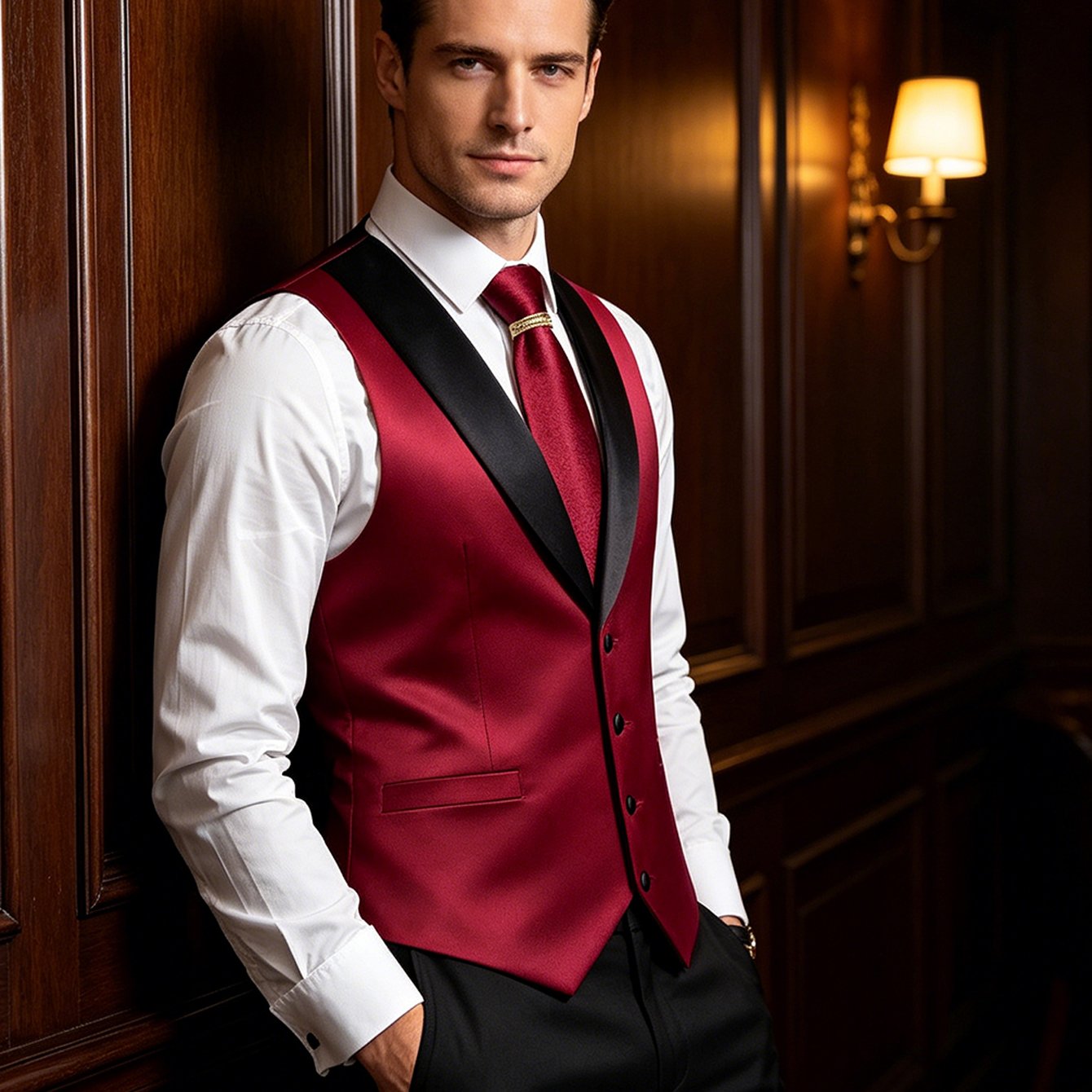 Image of Shawl Lapel Burgundy Solid Men's Plus Size Suit Vest 4pcs Set, Complete With Matching Tie, Pocket Square And For Special Occasions, Plus Size