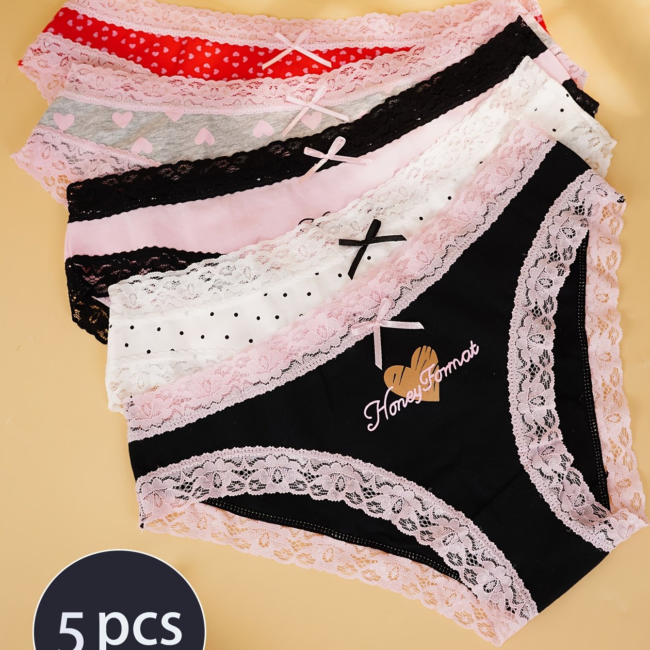 5pcs Women's Panties, 2025 New Thin Breathable Skin-friendly Briefs With 95% Gusset, Casual Mid-rise Low-waist Panties, Printed Heart, Lace Trim, Sexy Bow, Nude Feel, Comfortable , Underwear