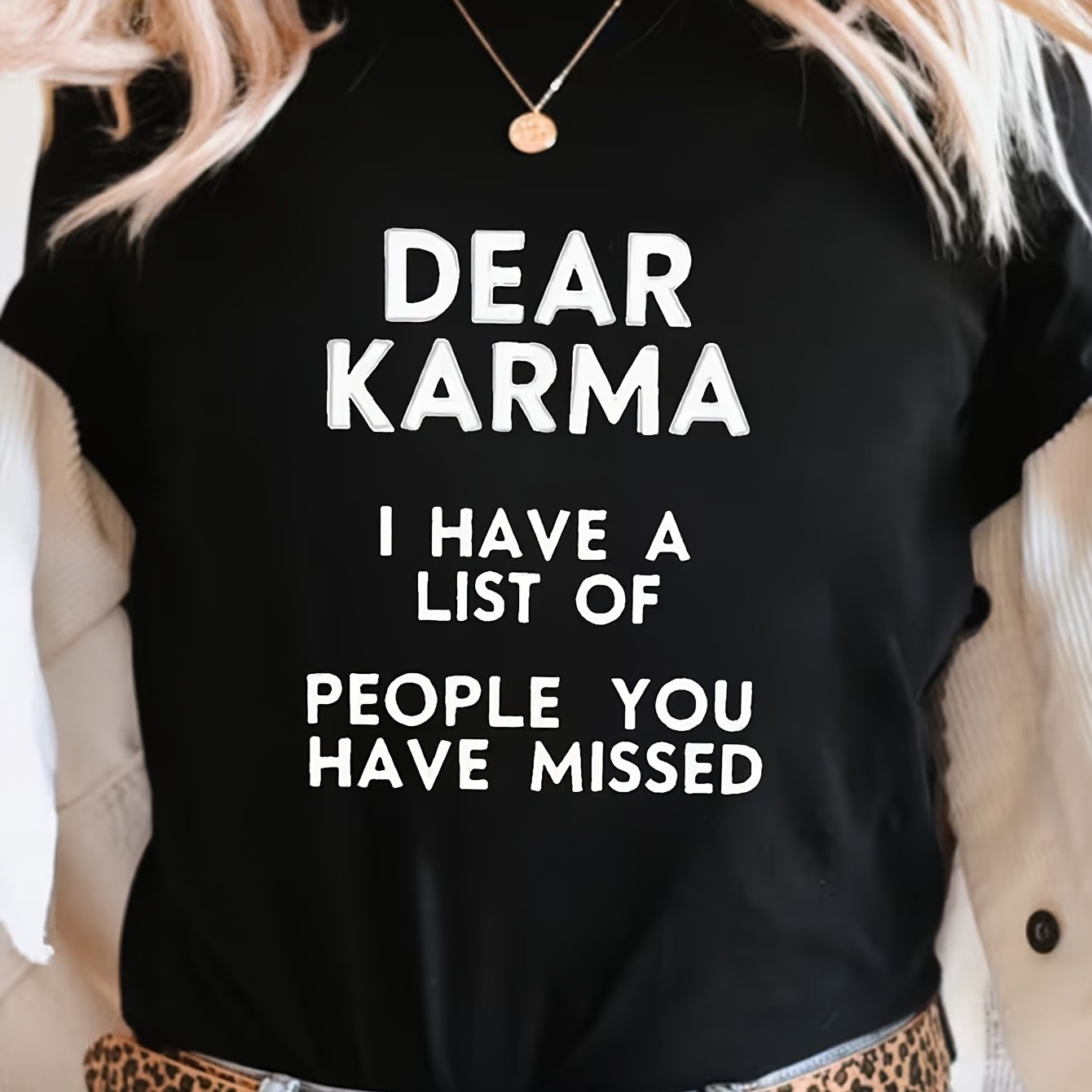 TEMU Dear For Karma I Have A List Printed T-shirt, Short Sleeve Round Neck Casual Top For Spring/summer, Women's Clothing