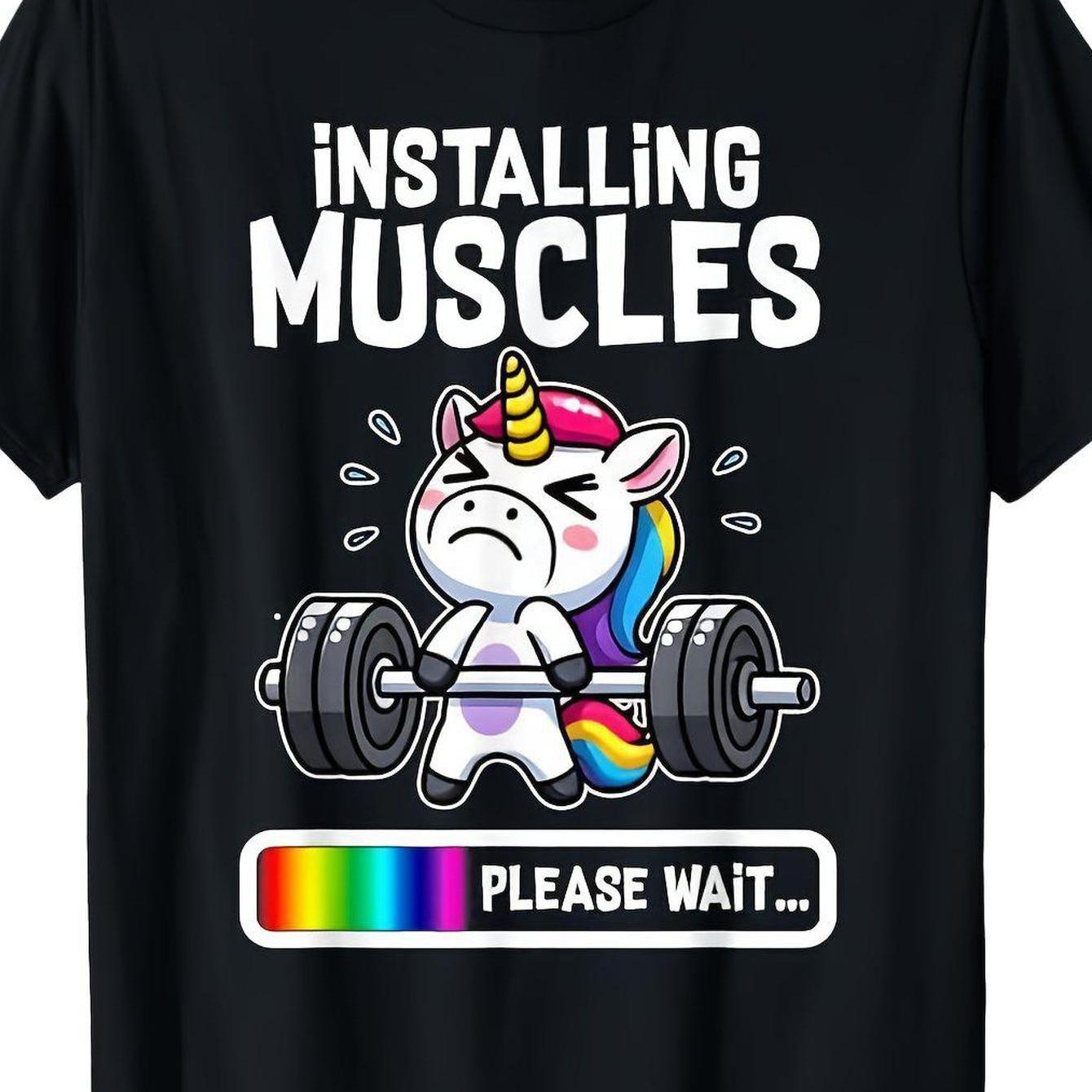 TEMU Funny Gym T-shirt - Installing Muscles Design With Unicorn Weightlifting - Soft Cotton Workout Tee For - Gift For Gym, Bodybuilding, Casual