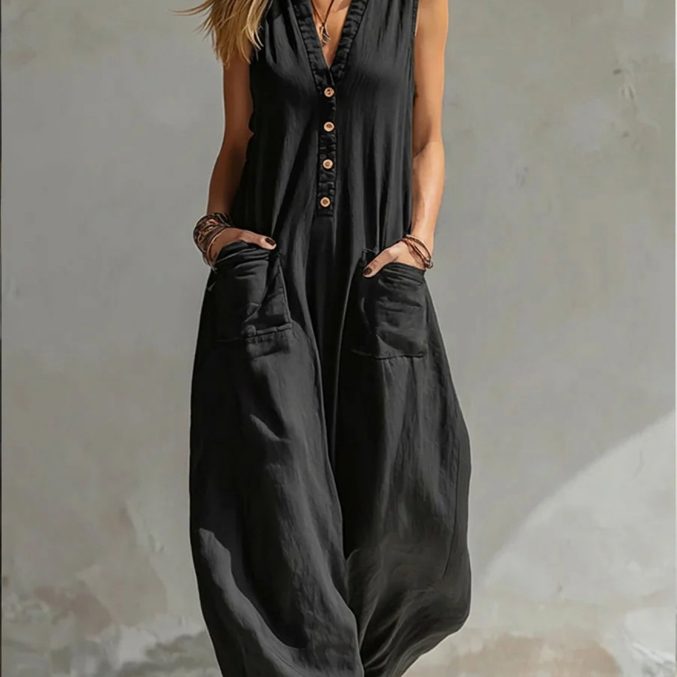 Image of Women's V-neck Sleeveless Jumpsuit With Button- Front And Large Pockets, Wide-leg Casual Trousers
