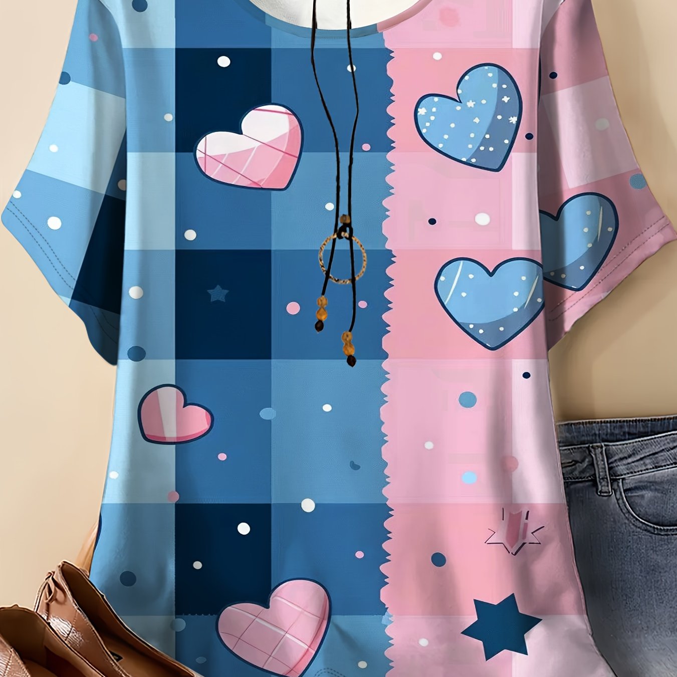 TEMU Contrast Heart Theme Women's Plus Size Round Neck Short Sleeve T-shirt, With Contrast Base, Matching Heart (with , Star Texture), And Dot, Star