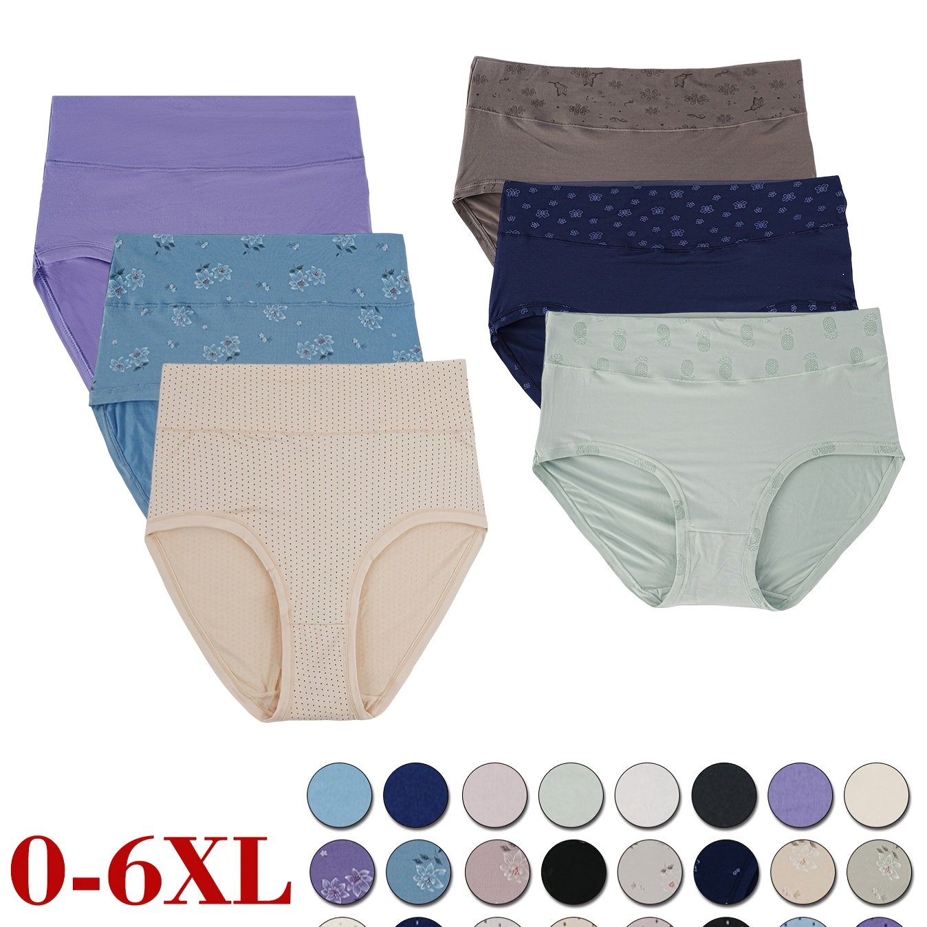 TEMU Random 6pcs Plus Size Solid Color High-waisted Bikini Panties, Elegant Women's Underwear, Mom Pants, Solid Color Panties