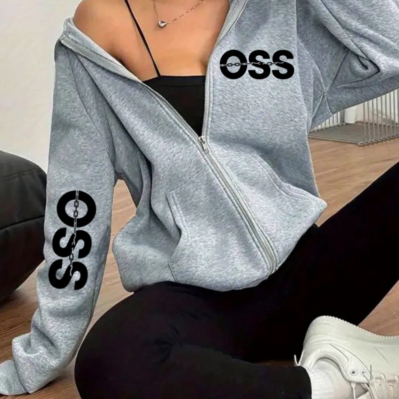 TEMU Felpa con cappuccio da donna e foderata con logo OSS stampato - Giacca felpa con zip, maniche lunghe, frontale, abbigliamento casual /inverno