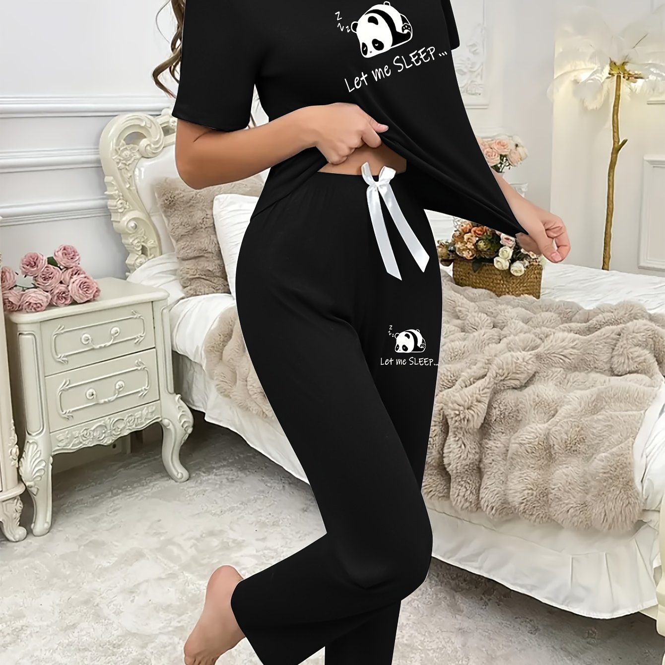 Image of Casual And Cute Chinese Panda And Letter Print Pajama Set, Featuring A Short-sleeve Round Neck Top And Elastic Pants, Ideal For Gifting, Sleepwear And Loungewear, For Teenager