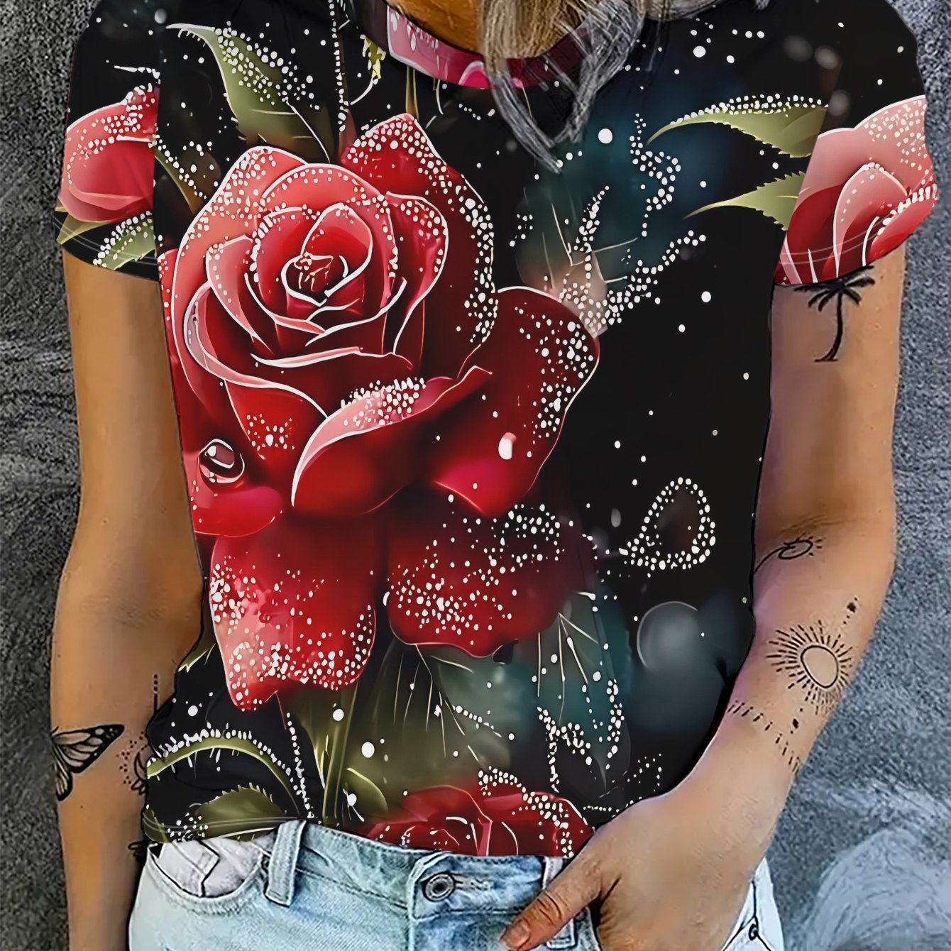 TEMU Women's Summer Short-sleeve T-shirt Featuring A Stylish Red Rose Print, Made Of, Perfect For Casual Wear With A Round Neck