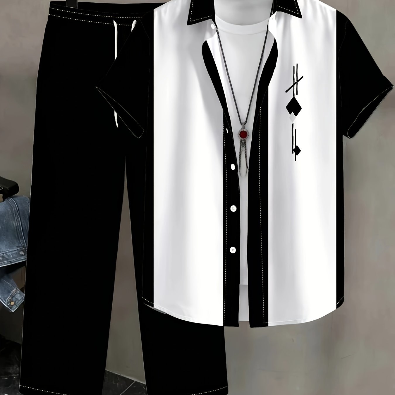 TEMU Men's Summer Casual Print Short Sleeve Shirt And Long Pants 2pcss Set Short Shirt Daily Outfit Men's 2pcss Casual Outdoor Print Long Pants Shirt