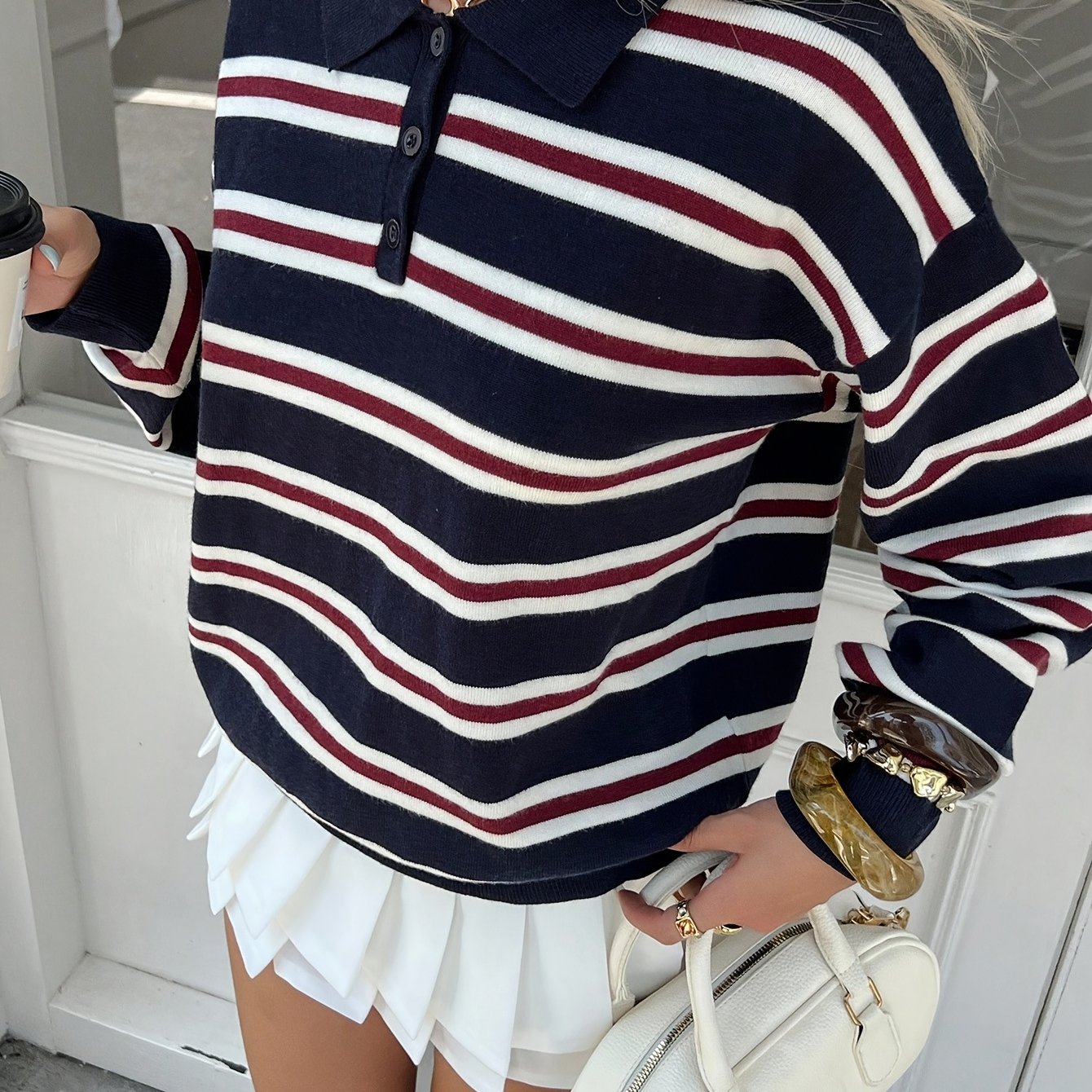 TEMU Pull Polo Femme Rétro Rayé Col Mao Automne Automne Ample Style Décontracté Contrasté Bouton Unique Manches Longues Haut Couche de Base