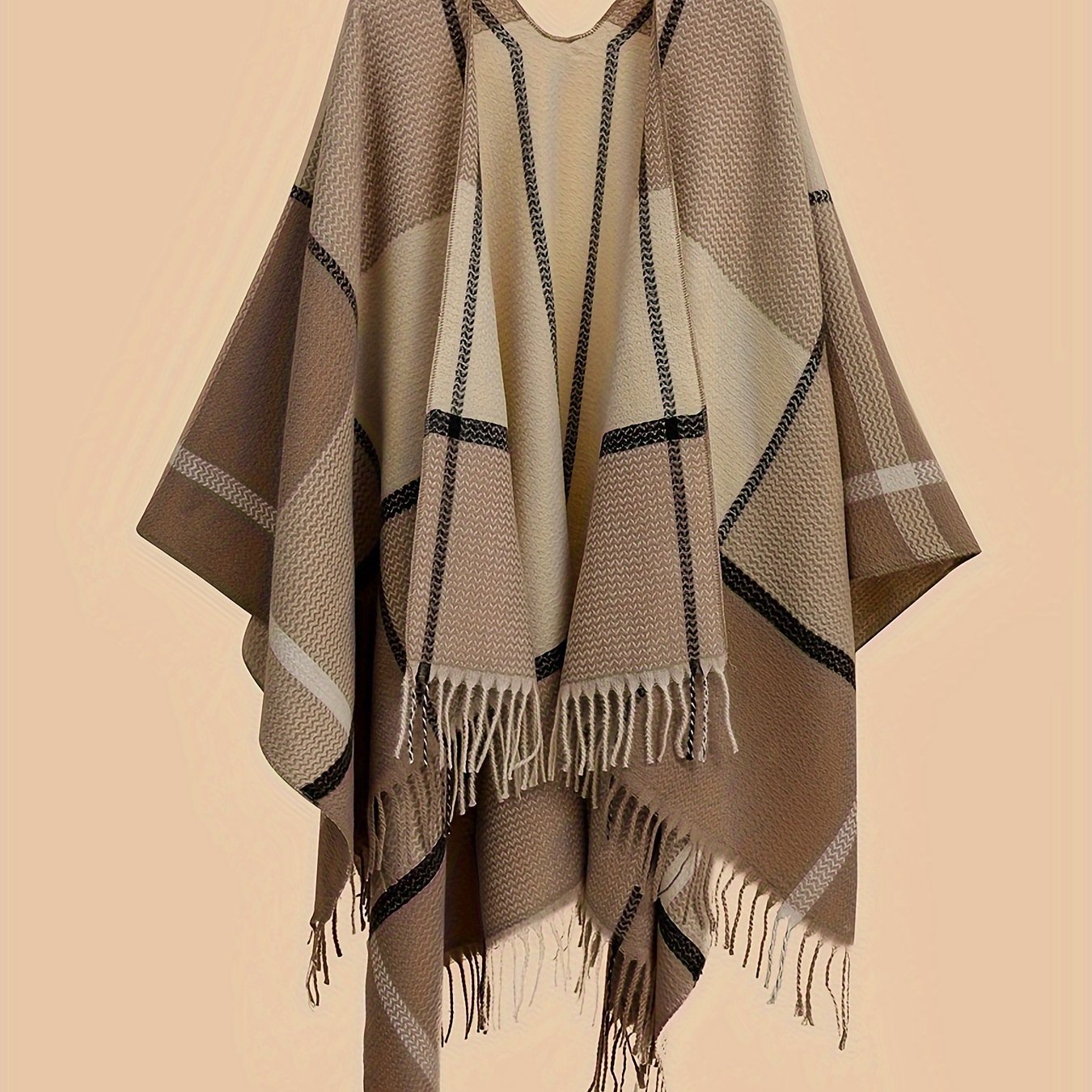 Image of Plus Size, Women's Plus Size Open Front Fringed Shawl Cardigan With Tassels, Casual Cape Sweater For Autumn And Winter Evening Wear