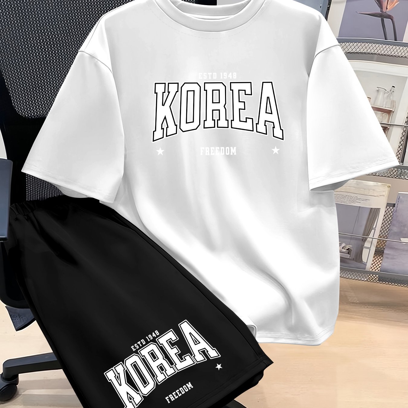 TEMU Men's Casual Sportswear Set, Print, Summer Round Neck Short Sleeve   Shorts Set, Fashionable Street Style, For Outdoor Sports Enthusiasts And
