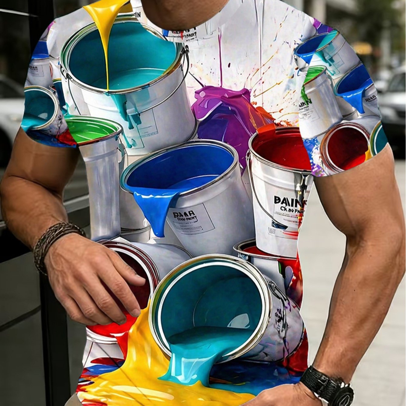 TEMU 2026 Summer New Arrival: Men' Neck Short Sleeve T-shirt, Colorful Paint Splatter Print- Polyester Knit, Loose Fit, Slightly Stretchy, Suitable