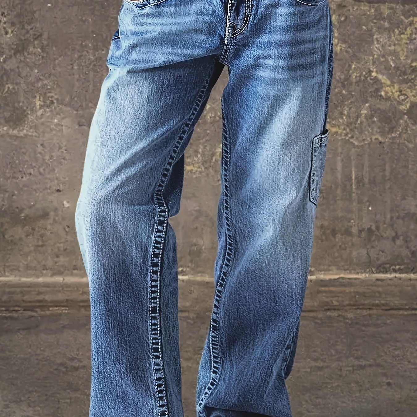 E-shop Damen Retro Casual Jeans, Mittlere Taille, Stretch, Weite Gerade Beine, Workwear-Stil, Langlebiges Mehrfachtaschen-Design, Retro Wasserwäsche