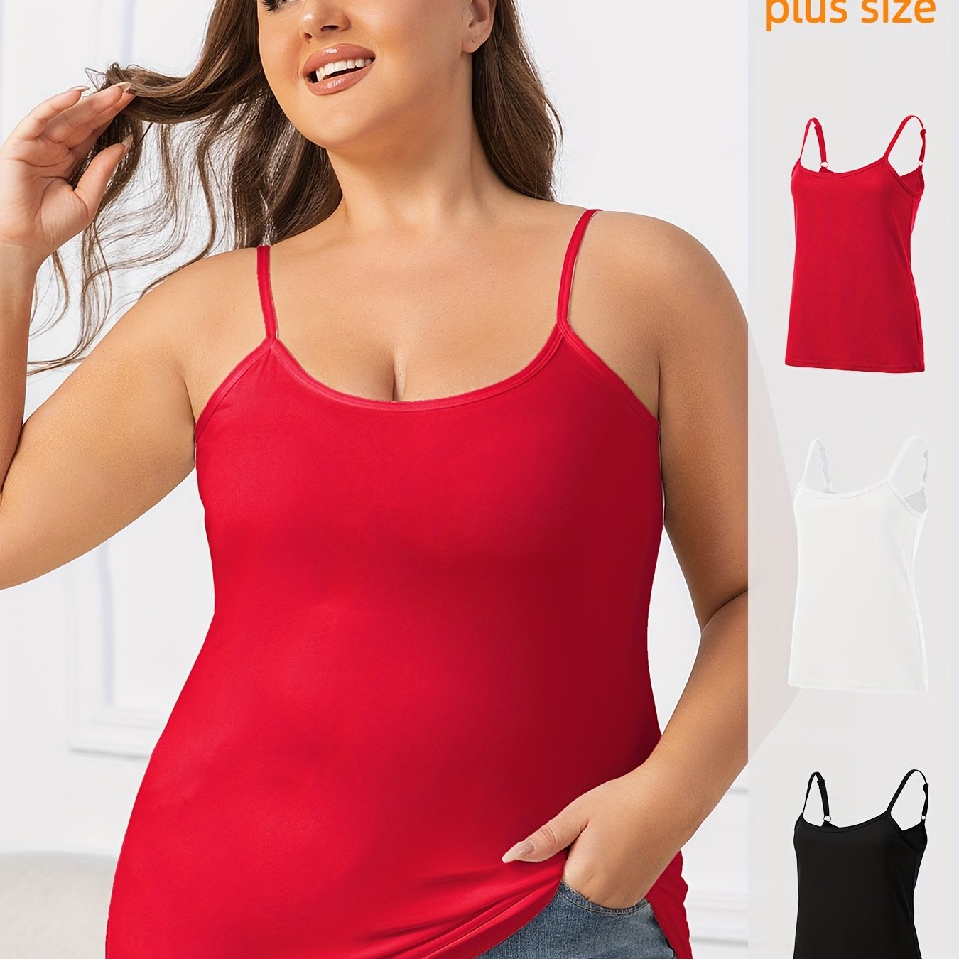 E-shop Plus Size - Plus Size - 3-teiliges Sommerlich Einfarbiges Lockerer Basis-Layer Verstellbarer Dünner Träger Langes Camisole Oberbekleidung Cami