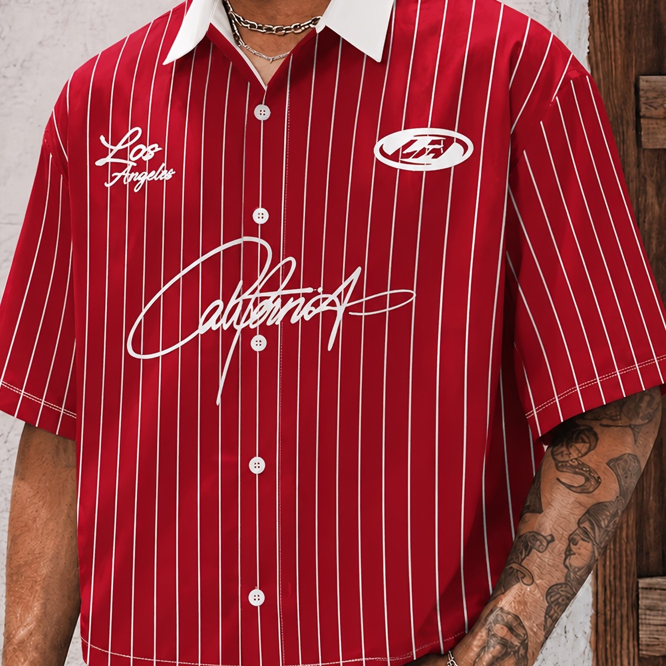 TEMU [print Design - Non-textured] 2026 New Style Shirt, Burgundy Striped Men's Printed Summer Short Shirt Top, Plus Size