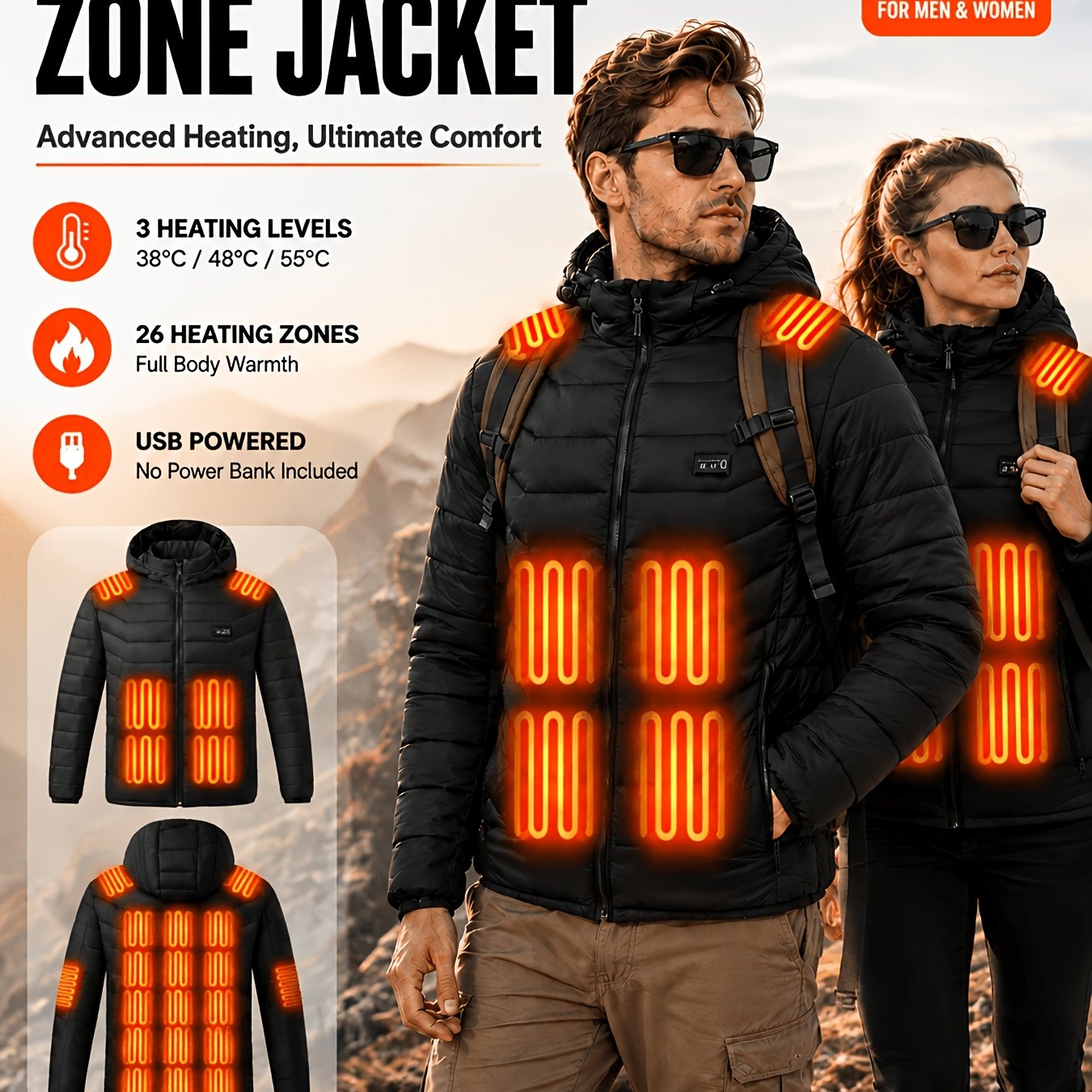 Image of Men's And Women' Heating Zones Hooded Heated Windproof Jacket, 3 Temperature Settings, 4 Control Switches And A Usb Power Cable, Ideal For Outdoor Activities In Autumn And Winter