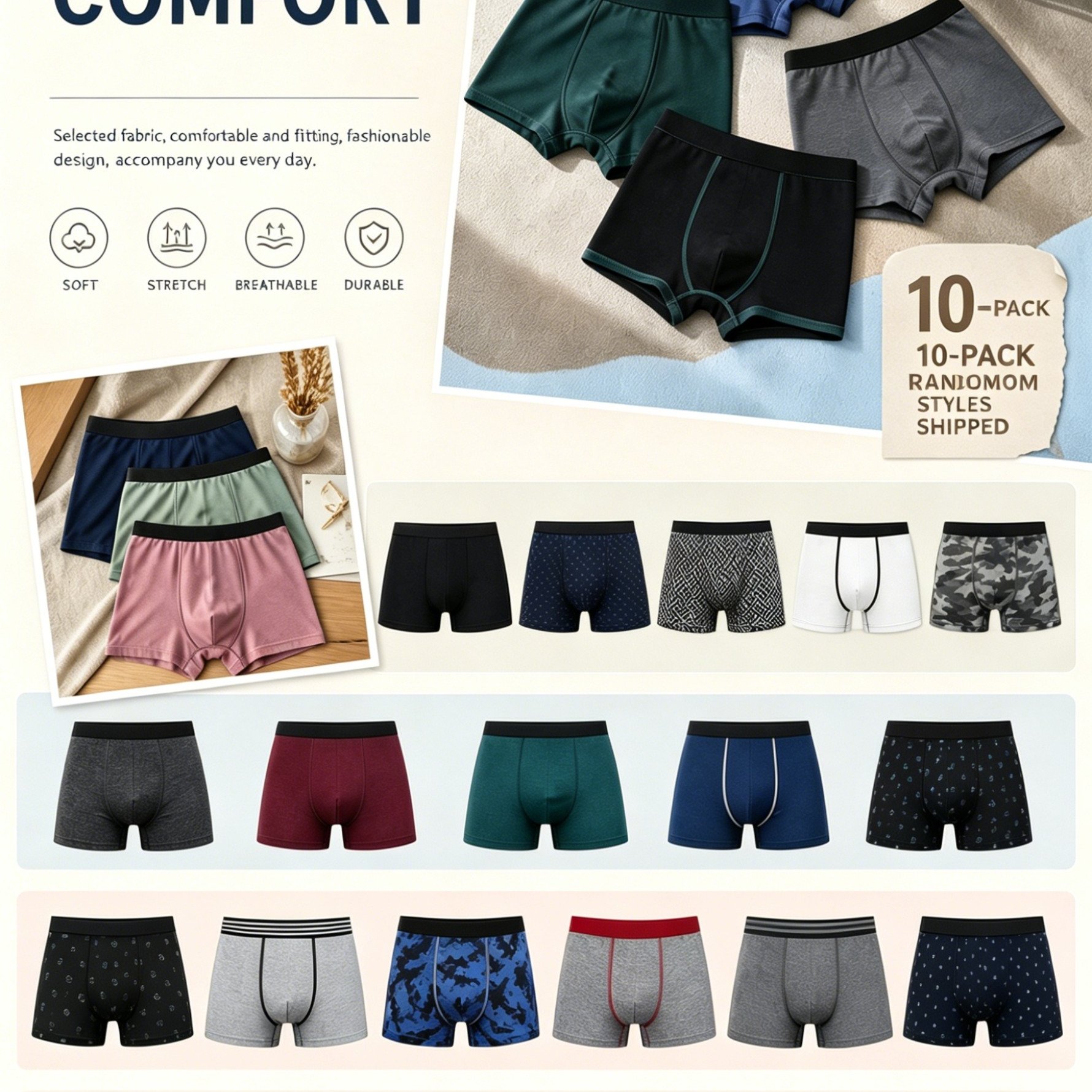 Image of Random 10pcs Men's Boxer Briefs, Comfortable And Soft, High-elasticity Men's Underwear, Breathable And Sweat-absorbent Men's Boxer Shorts, Pants, Perfect Gift For Family