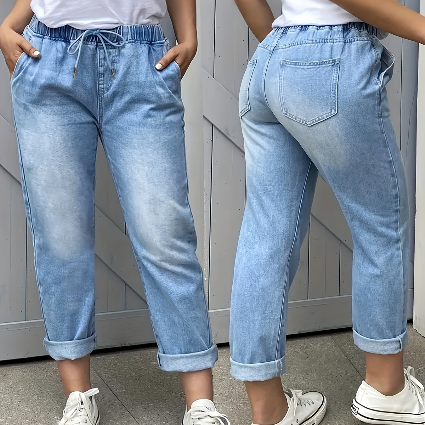 Image of New Summer Stretch And Tight Waist Tapered Jeans For Women, Classic Loose Drawstring And Pocket-sized Comfortable Casual Pants, Suitable For , Denim Trousers