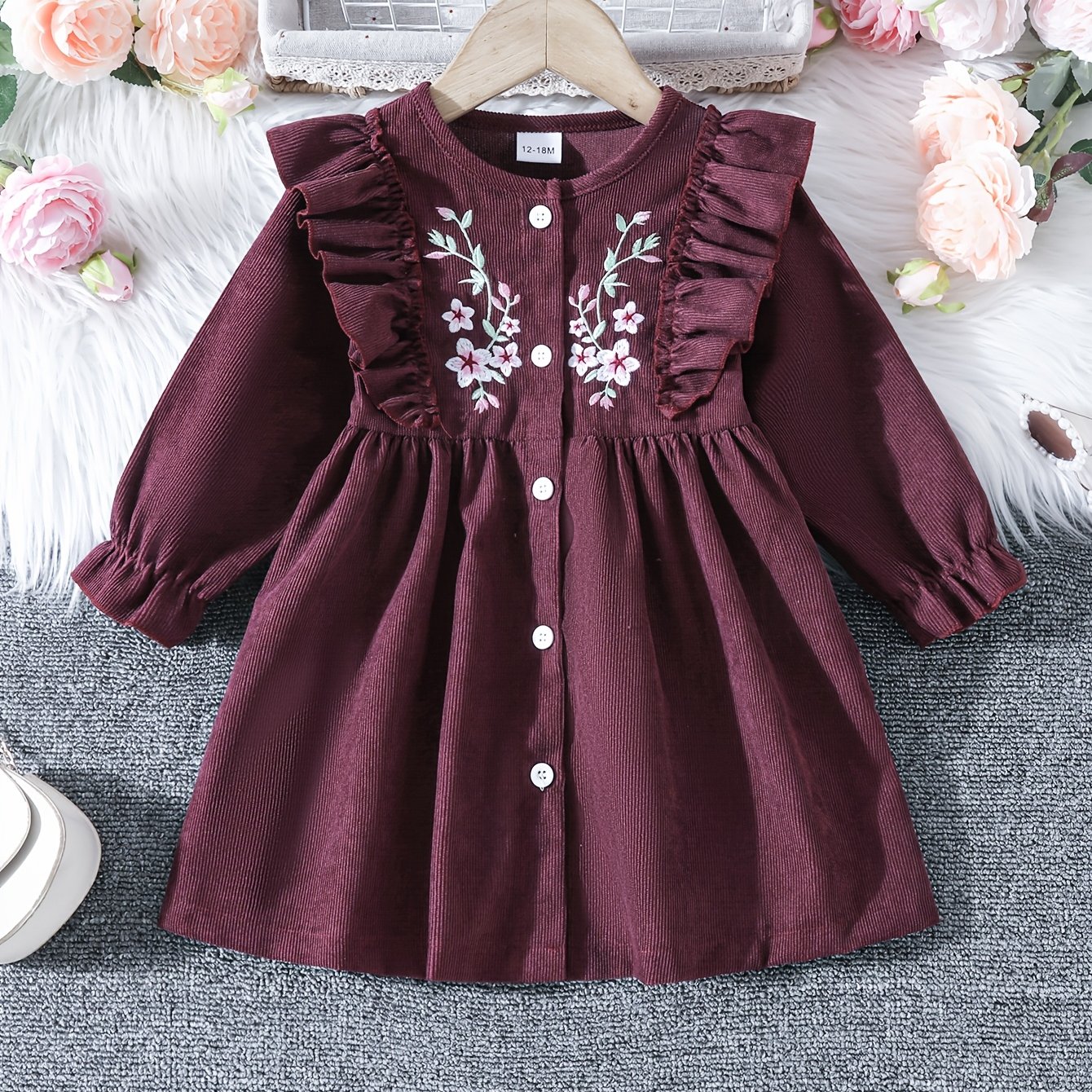 Baby Girl Cute Corduroy Flower Embroidered Small Flying Sleeves Long Sleeved Cardigan Dress