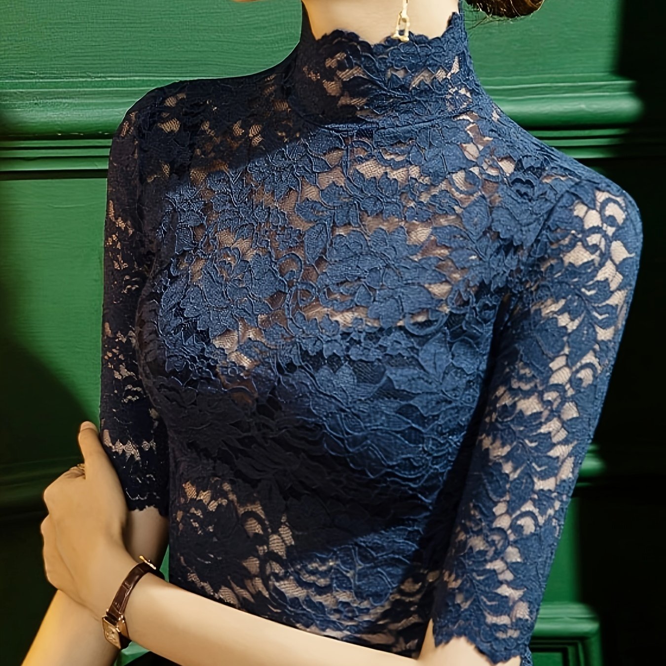 E-shop Lace Frühling Sommer Neues Elegantes Damen Outfit Damen Kurzarm Figurbetont Stehkragen Chic Kurzarm Top