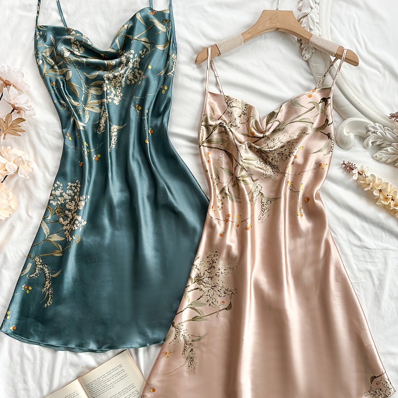 E-shop 2er-Set Ganzjahres Babydoll Bedrucktes Mode Sexy Cami Kleid für Damen